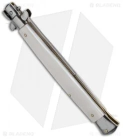 SKM 13" Italian Stiletto Automatic Knife White Pearlex (5.7" Satin Bayo) -Gerbere Store 13 white pearlex bayo side
