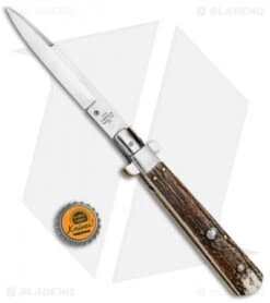 AGA Campolin 11" Frosolone Bayonet Stiletto Automatic Knife Stag (5" Satin) -Gerbere Store AGA Frosolone Stag Nickel 11in Bayo BP 29296 jr bottlecap