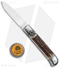 SKM Classic 8" Lever Lock Automatic Italian Knife Stag (3.2" Polish Flat) -Gerbere Store Beltrame LL Stag Auto Satin BP 7045 jr bottlecap