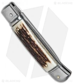 SKM Classic 8" Lever Lock Automatic Italian Knife Stag (3.2" Polish Flat) -Gerbere Store Beltrame LL Stag Auto Satin BP 7045 jr side