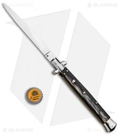 SKM 13" Italian Stiletto Flat Grind Automatic Knife Dark Horn (6" Satin) -Gerbere Store Frank B 13in Stiletto Flat Grind Auto Dark Horn Satin BHQ 87327 jr bottlecap