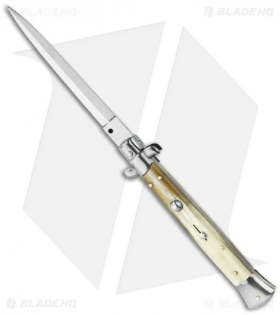 Frank B 11" Italian Stiletto Automatic Knife Blonde Horn (5" Satin Bayo) 1 Frank B 11" Italian Stiletto Automatic Knife Blonde Horn (5" Satin Bayo)