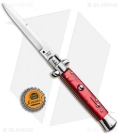 SKM 9" Italian Stiletto Automatic Bayonet Knife Red Acrylic (4" Satin) -Gerbere Store SKM 9in Stiletto Auto Red Acrylic Satin Bayo BHQ 92045 jr bottlecap