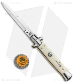 9" Italian Stiletto Bayonet Automatic Knife Sim Ivory (3.8" Satin) -Gerbere Store SKM AB 9in Italian Stiletto Bayo Auto Sim Ivory Satin BHQ 74900 jr bottlecap