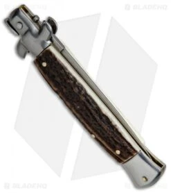 SKM AB 9" Italian Stiletto Automatic Knife Stag Horn (3.8" Satin Dagger) -Gerbere Store SKM AB 9in Stiletto Dagger Stag Horn BP 19246 jr side