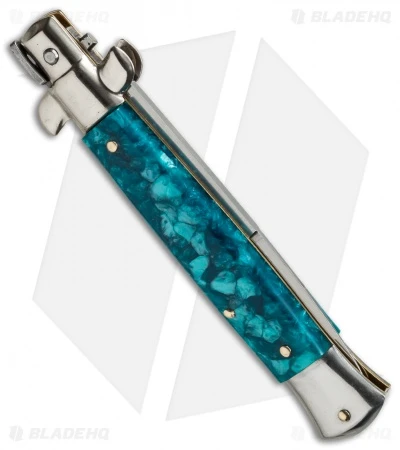 SKM AB 9" Italian Stiletto Automatic Knife Turquoise Acrylic (3.8" Satin Flat) 2 SKM AB 9" Italian Stiletto Automatic Knife Turquoise Acrylic (3.8" Satin Flat) - Image 2