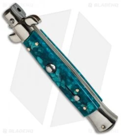 SKM AB 9" Italian Stiletto Automatic Knife Turquoise Acrylic (3.8" Satin Flat) 5 SKM AB 9" Italian Stiletto Automatic Knife Turquoise Acrylic (3.8" Satin Flat) -Gerbere Store skm fantasy 9in turquoise bottom cm