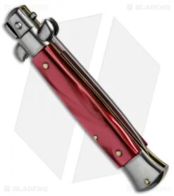 SKM 8" Italian Stiletto Automatic Knife Red Pearlex (3.3" Satin Flat) 5 SKM 8" Italian Stiletto Automatic Knife Red Pearlex (3.3" Satin Flat) -Gerbere Store skm stiletto 8in red flat BP 18125 dl side